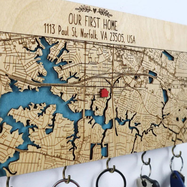 Personalized Key Holder For Wall, Custom Coordinates/City Map