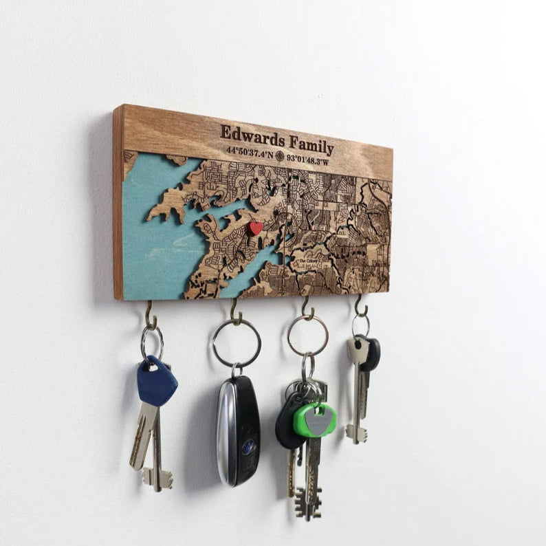Personalized Key Holder For Wall, Custom Coordinates/City Map
