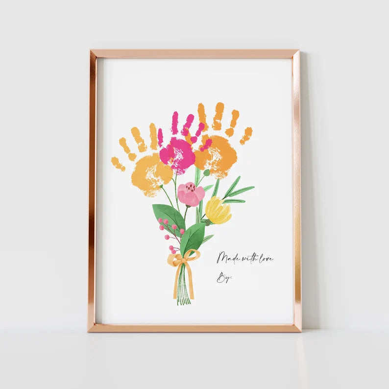 Custom Valentine Art Print Handprint Love Keepsake Floral Bouquet Mom Mother Meaningful Gift for Her DIY Craft Kid Children Toddler Activity