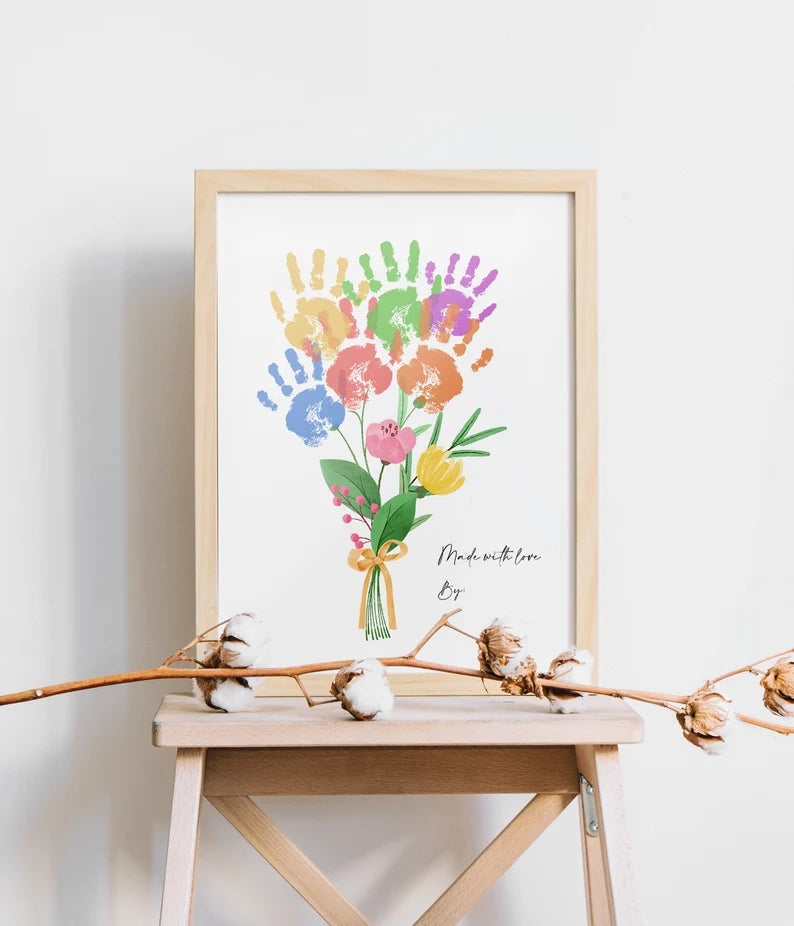 Custom Valentine Art Print Handprint Love Keepsake Floral Bouquet Mom Mother Meaningful Gift for Her DIY Craft Kid Children Toddler Activity